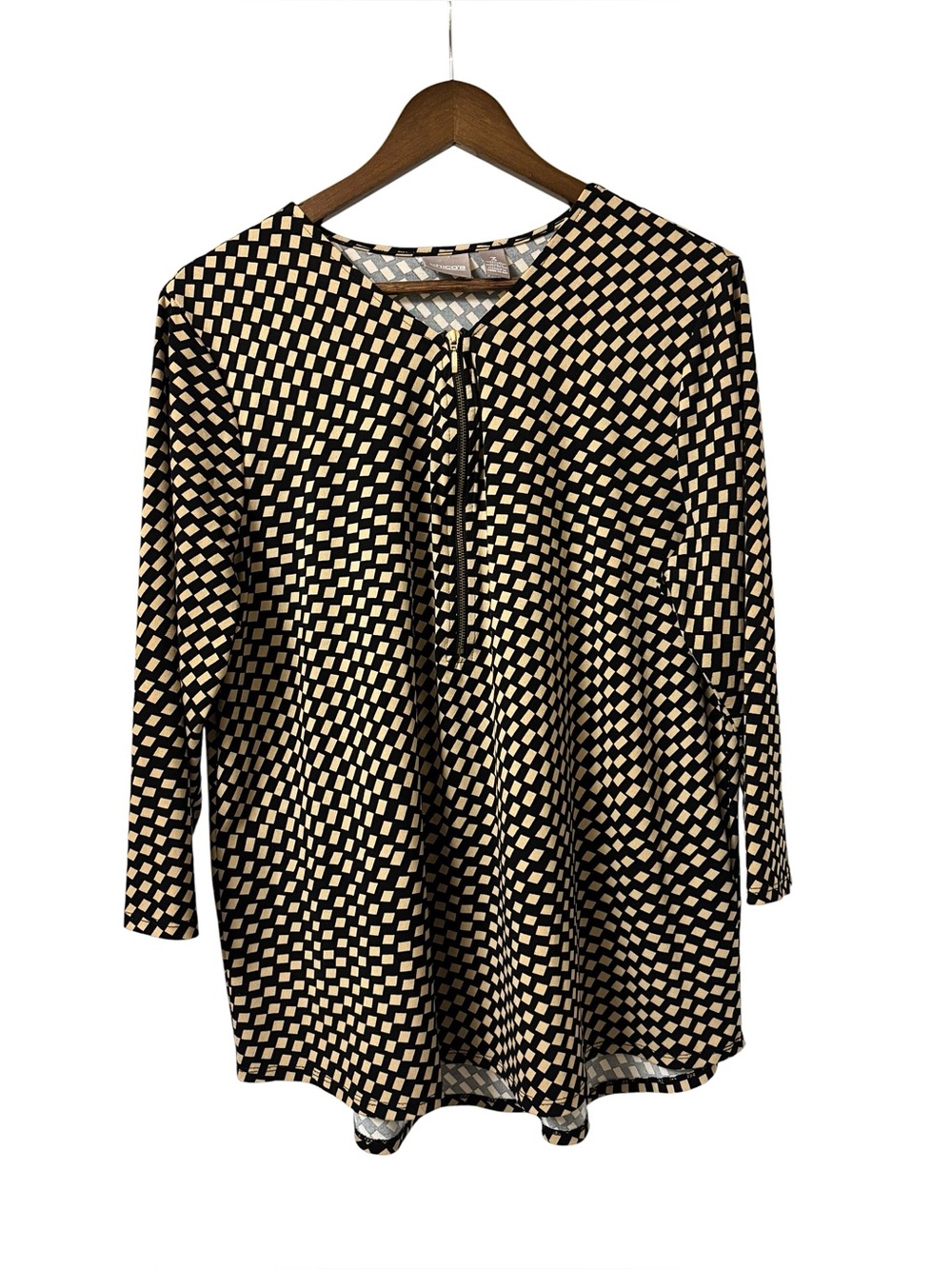 Chico’s tan black geometric checkered pattern front zipper jersey stretch top XL